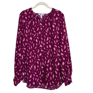 Nine West Womens Blouse Large Berry Speckle Button Up Long Sleeve